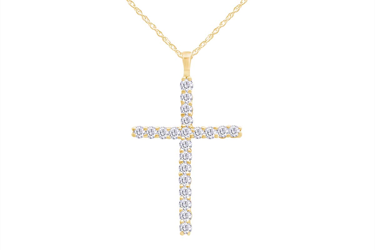 AFFY 0.30 Carat (Cttw) 14K Solid Gold Round Diamond Ladies Cross Pendant 1/3 CT (Silver Chain Included)