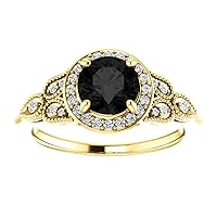 Trendy 1.5 CT Round Vintage Halo Black Diamond Engagement Ring, Leafy Black Onyx Ring, Antique Black Moissanite Ring,Victorian Black Diamond Ring, 10K Yellow Gold Ring, Perfact for Gift