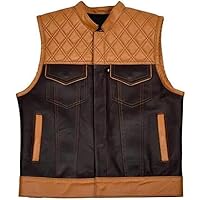 Mens Western Denim Leather Motorcycle Combo Club Collar Vest with White Stitching Light Weight
