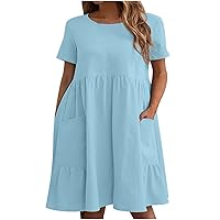 Womens Cotton Linen Short Sleeve Crew Neck Babydoll Dress Flowy Short Mini Dress Loose Swing Tiered Dress with Pockets