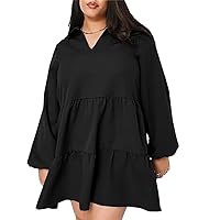 Women Plus Size Tiered Shirt Dress V-Neck Long Sleeve Loose Smock Dress Work Office Dress