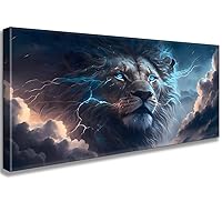Lion Wall Art Blue Canvas Wall Art Framed Animal Canvas Prints Wildlife Portrait for Living Room Bedroom Home Wall Decor(F)
