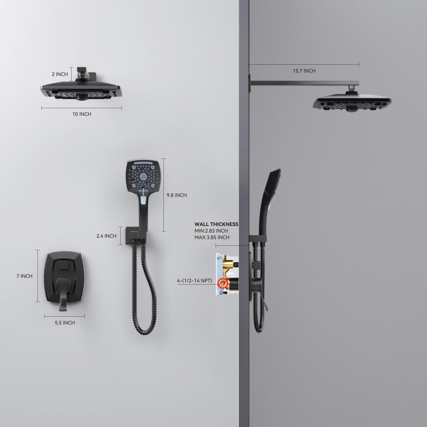ELLO&ALLO Matte Black Bathroom Shower Faucet Set with Valve, Rainfall Shower Head with Handheld Combo