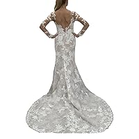 Women's Illusion Long Sleeves Backless Bridal Ball Gowns with Train Lace Mermaid Wedding Dresses for Bride