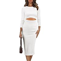 Pink Queen Long Sleeve Bodycon Dress for Women Cutout Pencil Midi Ribbed Wedding Party Club Dress White S