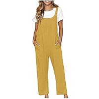 Women's Casual Cotton and Linen Overalls Loose Button Straps Pocket Solid Color Rompers Summer Comfy Wide Leg Jumpsuits