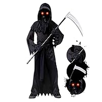 Grim Reaper Costume for Kids, Scary Halloween Costumes with Light Up Red Eyes in the Dark for Boys Girls
