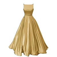 Prom Dresses Long Satin A-Line Formal Dress for Women with Pockets Gold Size 8