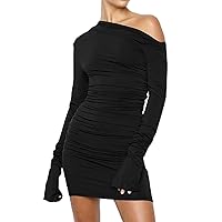 Women's Long Sleeve Dress Sexy Solid Color One Line Neck Open Back Pleated Wrapped Hip Bodycon Dresses, S-L