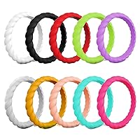 Womens 3mm Wide Twist Silicone Wedding Ring 10pcs Pack Red Purple Blue Stackable Rubber Bands -US Size 4-10