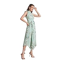 TINMIIR Women's Summer Dresses Ruffle Trim One Shoulder Pleated Hanky Hem Belted Floral A-Line Dress (Color : Mint Green, Size : X-Large)