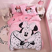 100% Cotton Kids Bedding Set Girls Minnie Duvet Cover and Pillow Cases and Flat Sheet,4 Pieces,Queen