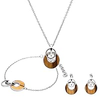 BEWELL Jewelry Set Women Fashion Wood & Stainless Steel Necklace Bracelet Dangle Hoop Stud Earrings for Girls