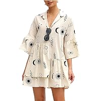 Women' Black Dress Sun Print V-Neck Tiered Ruffle Cotton and Linen A-line Party Club for Women