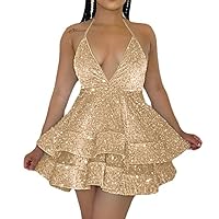 Glitter Sequin Short Prom Dresses for Teens Homecoming Sparkly Halter-Neck Backless Mini Dress for HOCO Party