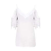 Womens Casual Lace Sling Tops Sexy Off Shoulder V Neck Splicing Ripped Sleeves Tunic Cozy Slim-Fit Long-Sleeved Blouses