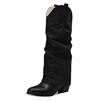 Denim Pointed Toe Slip On Block Heels Women Knee High Boots Elegant Cute Comfortable Shoes