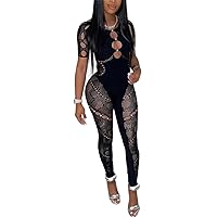 Sexy Jumpsuit for Women Party Club Night Mesh Halter Cutout Stretchy Short Sleeve Lace Cutout One Piece Bodycon Romper