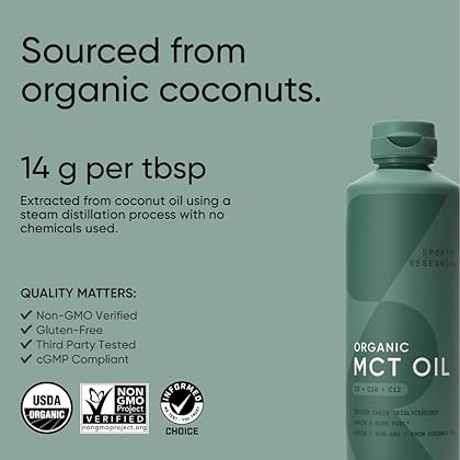 Sports Research Organic MCT Oil - Keto & Vegan MCTs C8, C10, C12 from Coconuts - Fatty Acid Brain & Body Fuel, Non-GMO & Gluten Free - Flavorless Oil, Perfect in Coffee, Tea & Protein Shakes - 16 oz