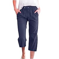 Plus Size Womens Cargo Pants Cotton Linen Cropped Trousers Casual Elastic Waist Drawstring Pants Straight Barrel Pants