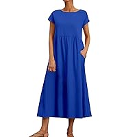 Short Sleeve Dresses for Women 2024 O-Neck Dress Casual Comfy Cotton Linen Tunic Beach with Pockets Summer, S XXL