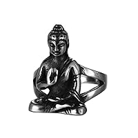 Unisex Stainless Steel Vintage Gothic Punk Tibetan Buddhist Meditation Sakyamuni Buddha Biker Amulet Ring Hip Hop Style