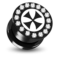 Laser Cut Iron Cross Logo with Gems Around Black UV Flesh Tunnel Ear Gauge Piercing