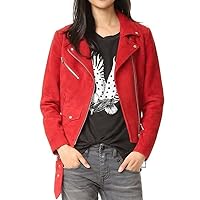Women's Genuine Sheepskin Suede Leather Jacket Biker Red Zip Up Handmade Coat WSP018