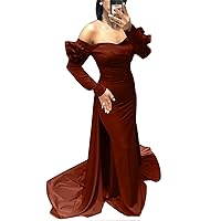 Women's Sweetheart Long Sleeves Mermaid Prom Dress Satin Sweep Train Evening Dress Reddish Brown