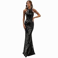Miss ord Women's Formal Halter Sequin Tassel Bodycon Maxi Prom Dress, Elegant Mermaid Evening Gown