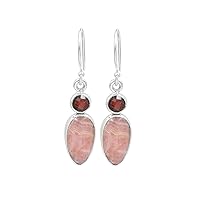 925 Sterling Silver Rhodochrosite Earrings | Statement Rhodochrosite and Garnet Drop Dangle Earrings (Pink-Red)