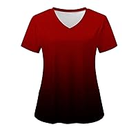 Shirts for Women, Women's Stretchy Breathable Tops Summer V-Neck Short Sleeve Gradient Print Working Uniforms with Pockets