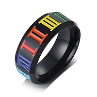 Black Stainless Steel Rainbow Roman Number LGBT Pride Ring for Lesbian Gay Wedding Engagement Band