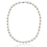 14K White Gold 8.0-9.0 mm Ultra Luster White Oval Freshwater Cultured Pearl necklace 18