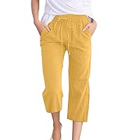 Cropped Linen Pants Women Summer Drawstring Elastic Waist Straight Leg Plus Size Crop Pants Casual Beach Trousers
