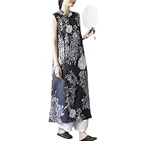 Women's Casual Loose Summer Mandarin Collar Loose Dress Long Dress Sleeveless Floral Print Maxi Dresses