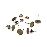 Adabele 100pcs Hypoallergenic Earring Posts Findings Antique Bronze Plated Brass 4mm Small Flat Board Glue On Setting with 100pcs Earnut Backs for Earrings Makings CF209-4