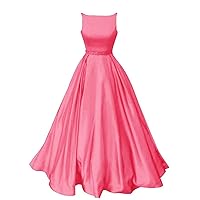 Prom Dresses Satin Long A-Line Formal Beaded Evening Gown with Pockets for Women Rose Pink Size 10