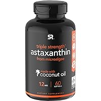 Sports Research Triple Strength Astaxanthin Supplement from Algae w/ Organic Coconut Oil - Natural Support for Skin & Eye Health - Non-GMO & Gluten Free - 12mg, 60 Softgels for Adults - 2 Month Supply