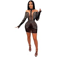 Womens Sexy Long Sleeve Slim Rhinestone Mesh See Through Package Hip Dress Nightclub Dress