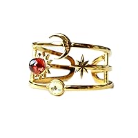 Ladyville Moon Ring with Sun and Stars and Real Garnet, Gemstone, Garnet