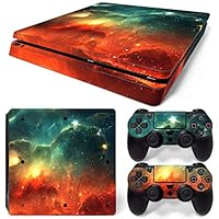 ZOOMHITSKINS PS4 Slim Skins, Sky Cloud Orange Green Aqua Galaxy Planet Yellow Universe Space, Durable, Bubble-Free Goo-Free,Cover Set of 2 Controller Skins 1 Console Skin, Made in USA