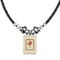 Red Mahjong Tiles Pattern Necklace Handmade Leather Rope Pendant