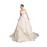 Ivory Off The Shoulder Taffeta Lace Top Wedding Dress With 3/4 Sleeves