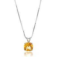 MAX + STONE 925 Sterling Silver 8mm Cushion Cut Birthstone Solitaire Pendant Necklace for Women with 18 inch Box Chain