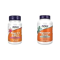NOW Supplements, Mega D-3 & MK-7 with Vitamins D-3 & K-2, 5,000 IU/180 mcg & Supplements, Magnesium Citrate, Enzyme Function*, Nervous System Support*, 120 Veg Capsules