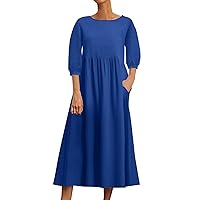 Dresses for Women 2024 Casual Summer Fashion Solid Color Loose Mid-Sleeve Long Dress with Pocket