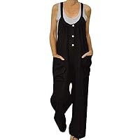 Flygo Womens Loose Button Linen Cotton Jumpsuits Wide Leg Pants Strappy Rompers
