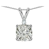 Solid 14k White Gold 7mm Cushion-Cut Pendant Necklace