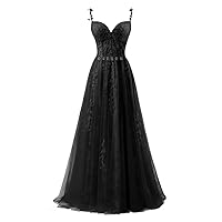 Ivy Lace Appliques Tulle Prom Dresses Long Corset Fairy Wedding Formal Evening Gowns with Slit Spaghetti Strap Dress